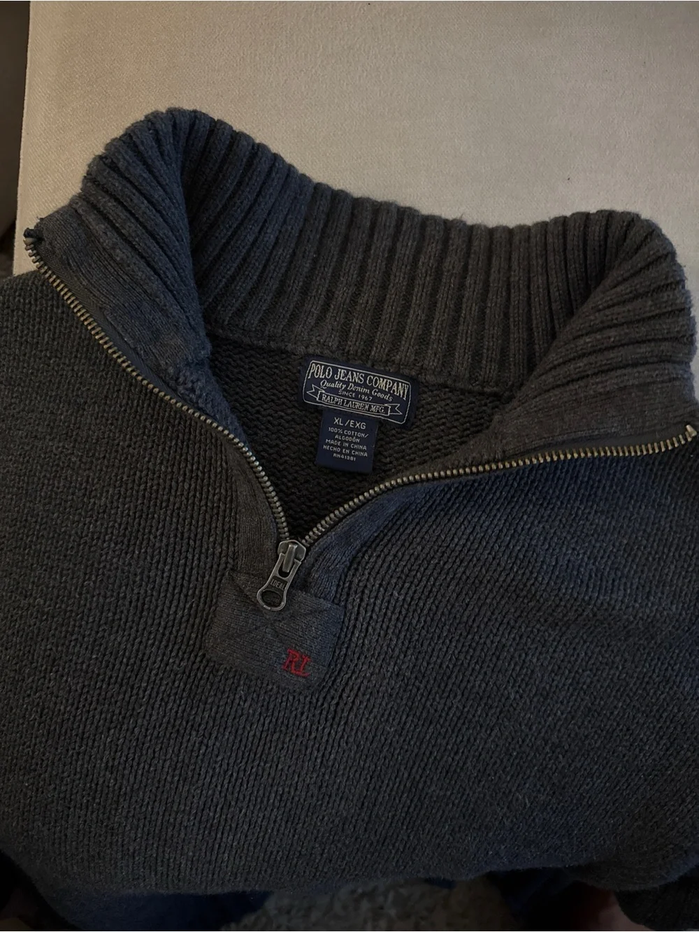 Polo Jeans Co Ralph Lauren Gray 1/2 Zip Mock Neck Cotton Knit Sweater XL